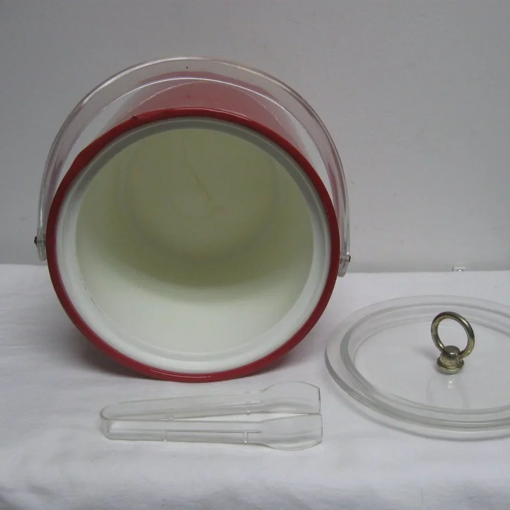 Vintage 60's Retro Lipstick Red Patent Ice Bucket w Lucite Handle & Tongs